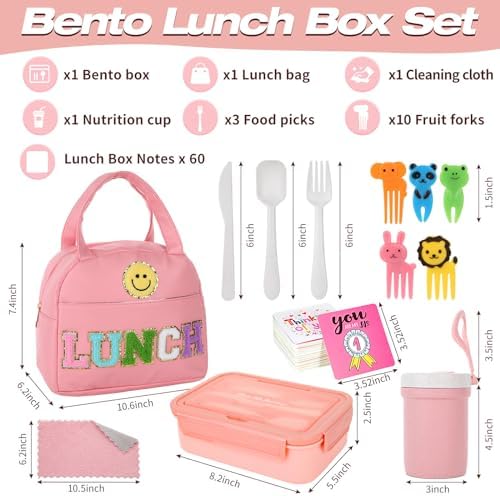 77 Pieces Preppy Bento Box Lunch Box Kit Large Pink Insulated Lunch