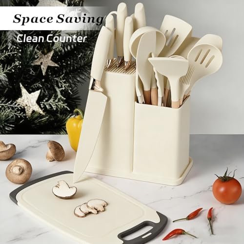 19 Piece Kitchen Utensil Set with Knife Set and Holder, White