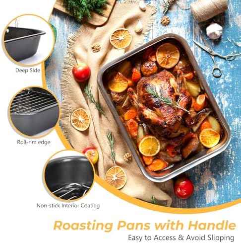 Nonstick Roasting Pan with Rack, 14.5x11.4’’ Baking Pan for Oven with Rack & Silicon Hand Clip, Heavy Duty Dishwasher Safe Rectangular Lasagna Pan with Handle for Turkey Chicken, Dark Grey