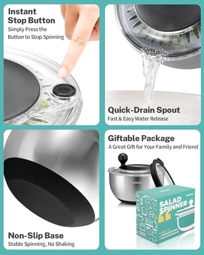 Stainless Steel Salad Spinner with Storage Lid, 5.3 Qt, BPA-Free