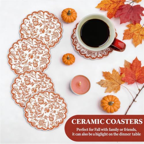 Fall Ceramic Drink Coasters Set 4 Scalloped Edge Flowers Birds Fruits