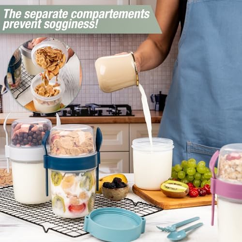 4 Pack Breakfast 22 oz On The Go Cups with Lids and Spoon, Reusable