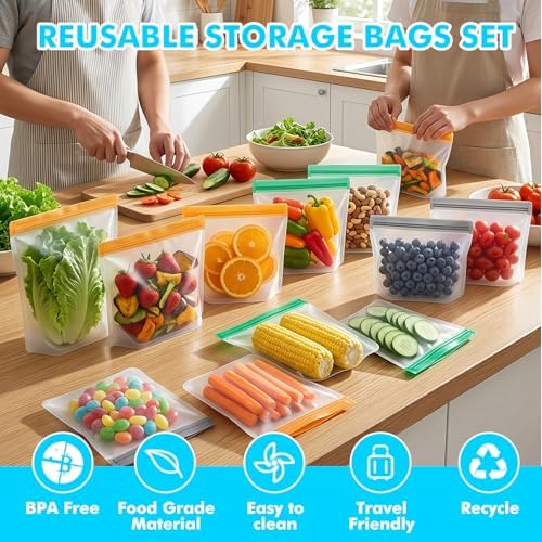 20 Pack Reusable Freezer Bags, Leakproof Reusable Silicone Food