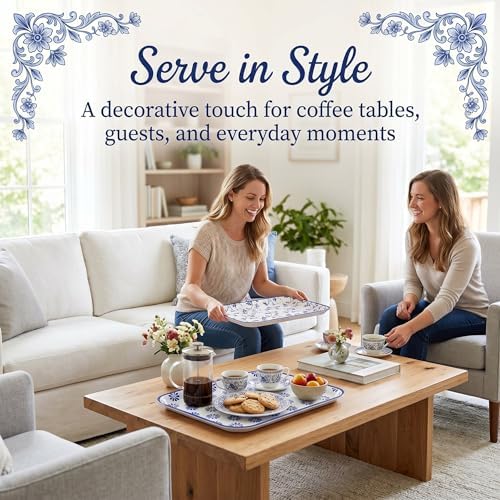 Vesici 4 Pack Blue White Melamine Serving Trays, 13 x 10 Inch Platters