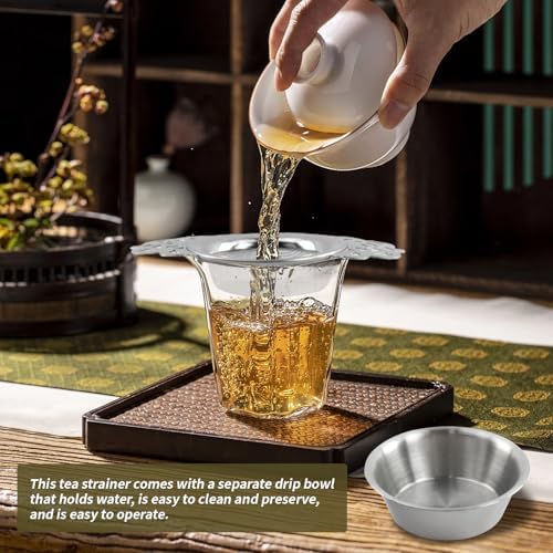 Silver Stainless Steel Tea Strainer with Drip Bowl Set with Handle