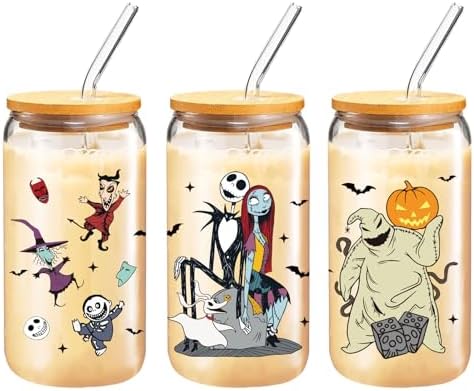 Nightmare Before Halloween Glass Cup for Women Men, 16 oz Glass Cup