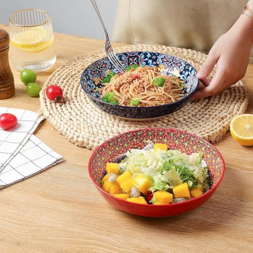 KitchenTour Pasta Bowls Set of 6-30 oz Large Wide & Shallow Serving