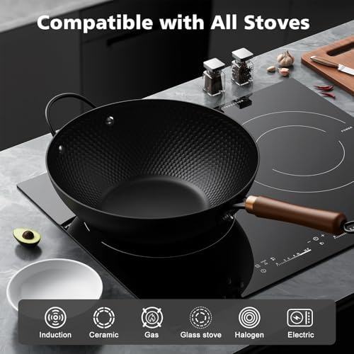 Todlabe Wok with Lid, 13 Inch Carbon Steel Woks & Stir-fry Pans Nonstick