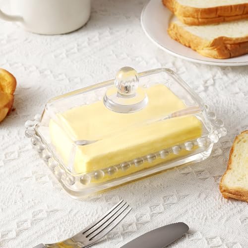 Glass Butter Dish with Lid, Clear Crystal Design, Decorative Beaded