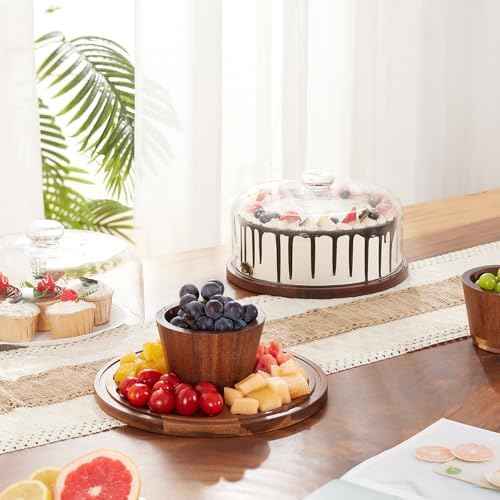 VIVIRBIEN 11in Acacia Wood Cake Stand with Glass Dome&Magnetic