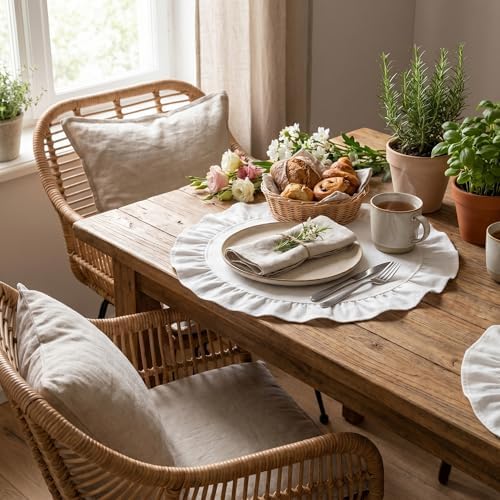 Round Ruffled Linen Blend Placemats, 15 Inch Scalloped Table Mats, Set