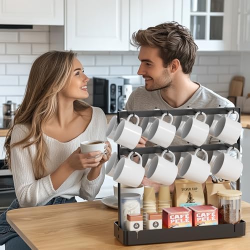 Coffee Mug Holder, 2 Tier Metal Mug Rack with 16 Movable Hooks