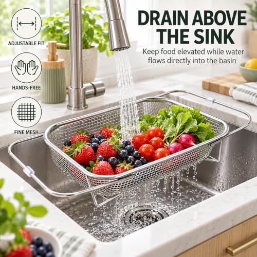 Expandable Over Sink Colander, Stainless Steel Fine Mesh Strainer
