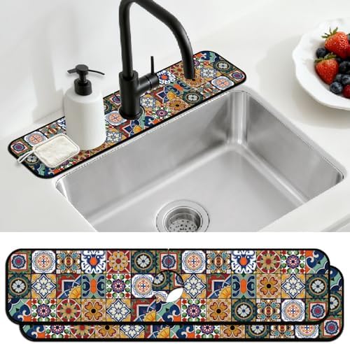 2 Pcs Kitchen Sink Splash Guard Faucet Mat Colored Bohemian Tiles
