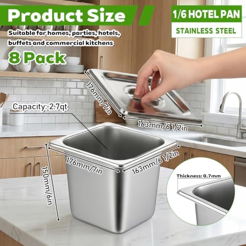8 Pack Stainless Steel Hotel Pans, 1/6 Size Hotel Steam Table Pan
