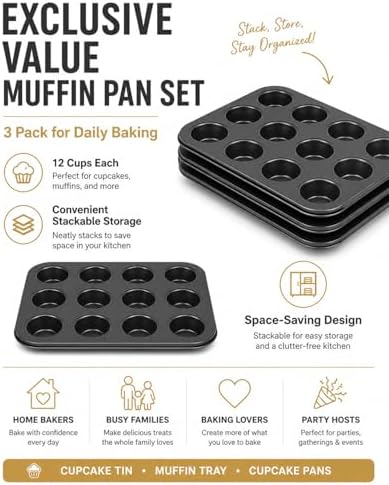 Cupcake Pan, 3 Pack 12-Cup Cupcake Tray Cupcake Tins Muffin Tins