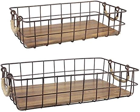 Stonebriar Stackable 2pc Rectangle Metal Wire and Wood Basket Set with
