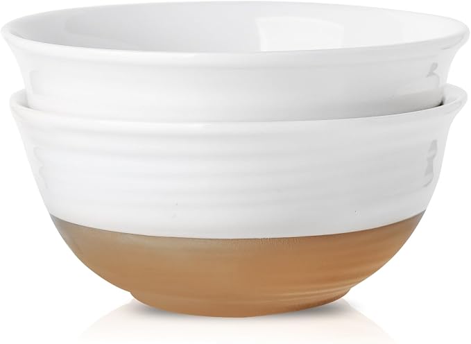 HASENSE Large Ceramic Serving Bowls Set of 2, 60 Oz 8.5 Inch White & Terracotta by Hasense