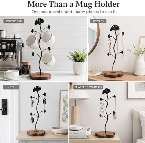 Coffee Mug Holder for Countertop, Ginkgo Leaf Mug Tree with 4 Hooks
