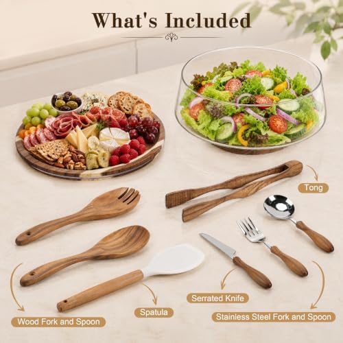 Large Glass Salad Bowl Set with Acacia Wood Base, Lid and Wood