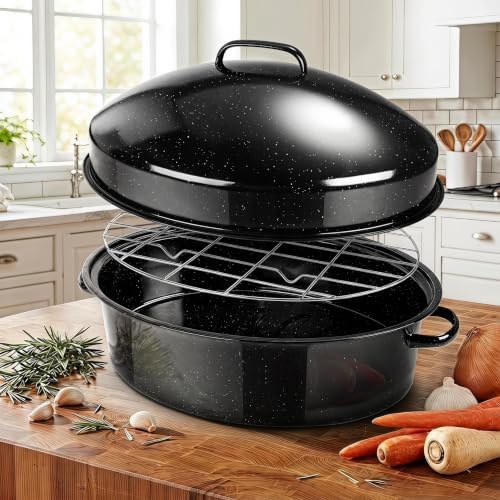 19.3" Large Roasting Pan with Rack and Lid, Granite Enameled Roaster