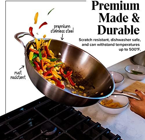 Willow & Everett Stainless Steel Flat Bottom Wok Pan, Professional Traditional Stir Fry Cookware w/Domed Lid & Spatula, Low Maintenance Rust & Scratch Resistant for Induction Gas Electric Stove Top