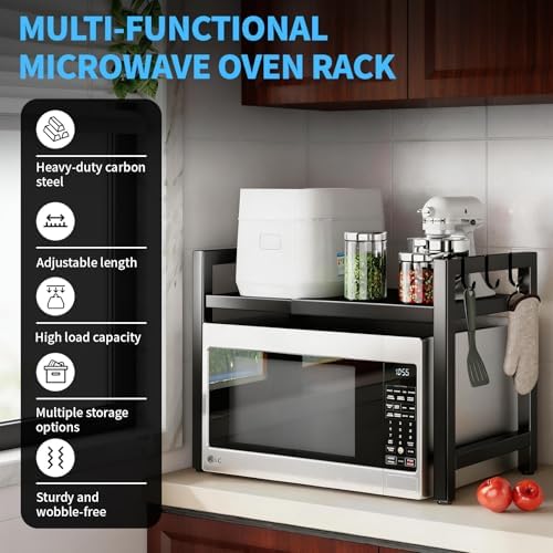 Microwave Oven Rack, 2-Tier Adjustable Countertop Shelf, Black