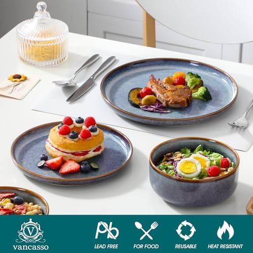 vancasso PLAYA Plates and Bowls Sets, 24 Pieces Grey-Blue Dinnerware Sets for Kitchen, Reactive Glaze Dishes Set for 8, Dishwasher and Microwave Safe