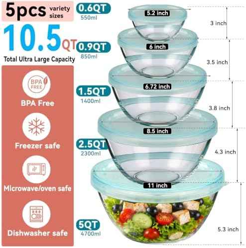 YUANYE 5 Pack Glass Mixing Bowls with Lids Set