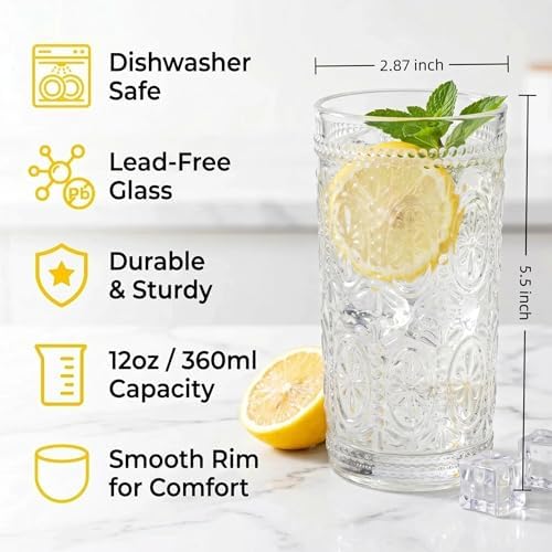 Bekith 6 Pack Romantic Drinking Glasses, 12 oz Highball Glasses, Thick