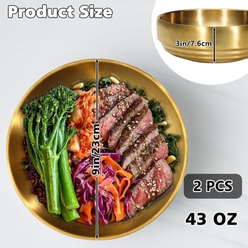 2Pcs 9" Gold 304 Stainless Steel Soup Bowl, 43Oz Deep Mixing Bowl