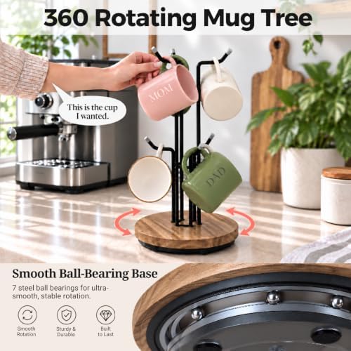 360° Rotating Mug Holder, 6-Hook Coffee Mug Tree w/Wood Base for Large
