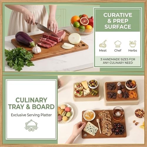 Bamboo Cutting Board Set of 3 with Juice Grooves, Built-in Handles &