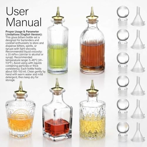 QWORK Glass Bitters Bottle Set of 6 – Zinc Alloy Dash Tops for Home