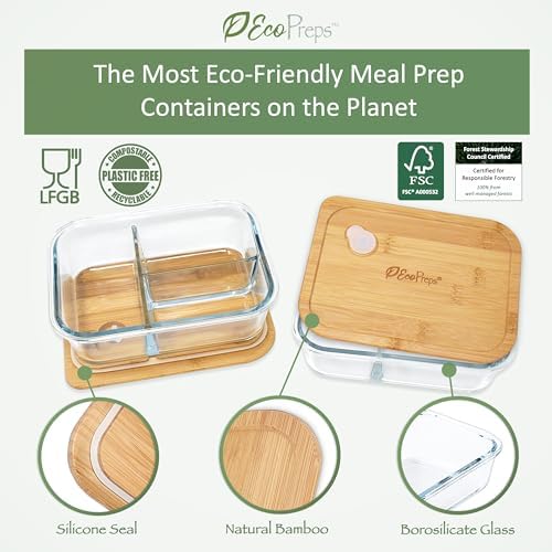 EcoPreps Large Glass Bento Box Containers with Bamboo Lids, 3