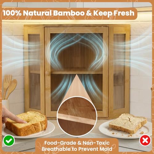 Corner Bread Box for Kitchen Countertop: Bamboo Storage Container for Homemade Bread, Two Layer Breadbox under Cabinet Mount, Large Bread Holder for Kitchen Counter, Pantry Shelf