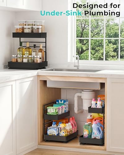 EVERIE Height Adjustable 2 Tier Metal Pull Out Slide Shelf Organizer for Under Sink Cabinets in Kitchen, Bathroom, with Snap-on Top Tray, 16" Deep (Black, 2 Sets)