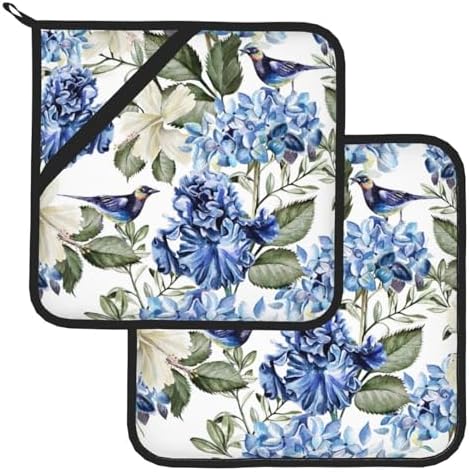 Blue Hydrangea Flower Bird Pot Holder Set, 2-Piece