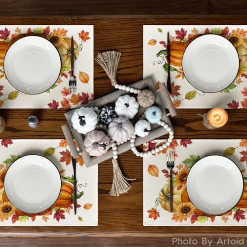 Artoid Mode Pumpkins Maple Leaves Fall Placemats Set of 4, 12x18 Inch