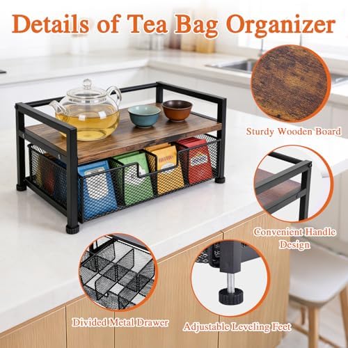 Tea Bag Organizer, Wooden Tea Storage Box with Metal Drawer