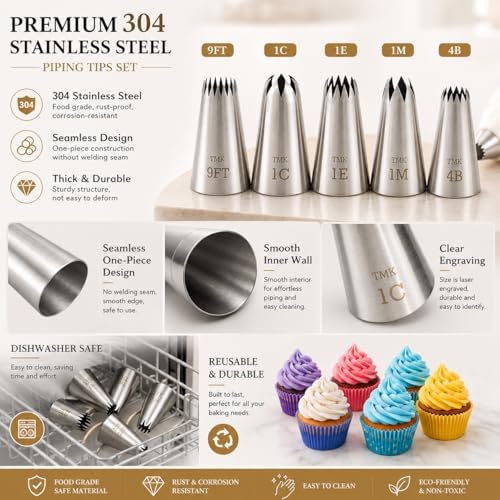 5 Pack Stainless Steel Seamless Piping Icing Tips #9FT 1C 1E 1M 4B