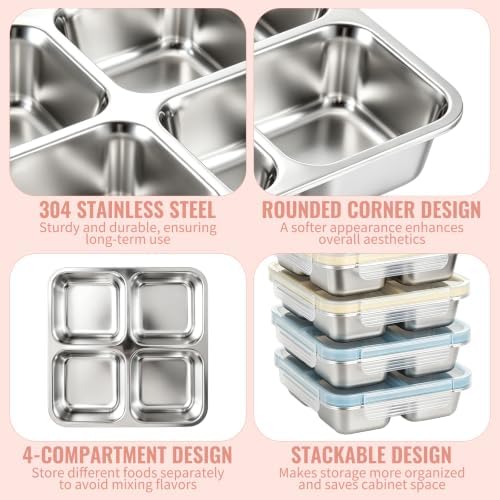 6 Pack Stainless Steel Snack Containers with Lids, 4-Compartment