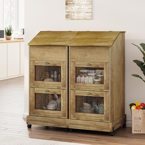 Potato Storage Bin, Wooden Bread Bins with Wheel, Movable Onion