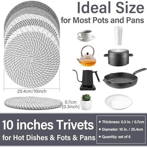 Billbotk 10" Trivets for Hot Dishes, Hot pots and Pans, Set of 6, Heat