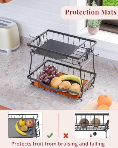 2-Tier Fruit Basket for Kitchen Counter with 2 Removable Banana Holders