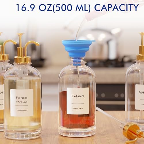 16.9 oz (500 ml) Coffee Syrup Dispenser Set- 4 Glass Bottles with Gold
