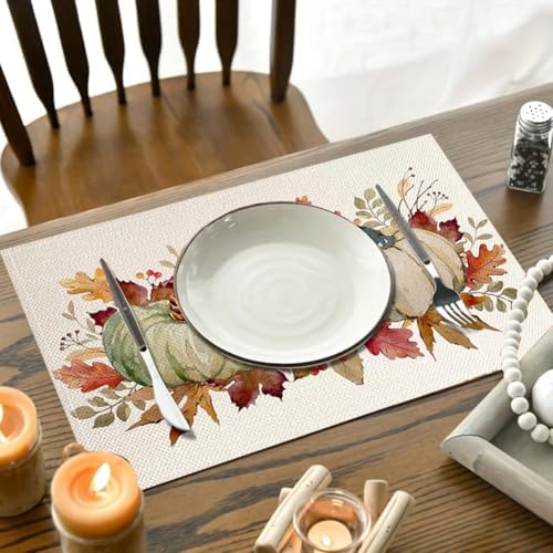 RABUSOFA Orange Pumpkins Leaves Fall Placemats Set of 4