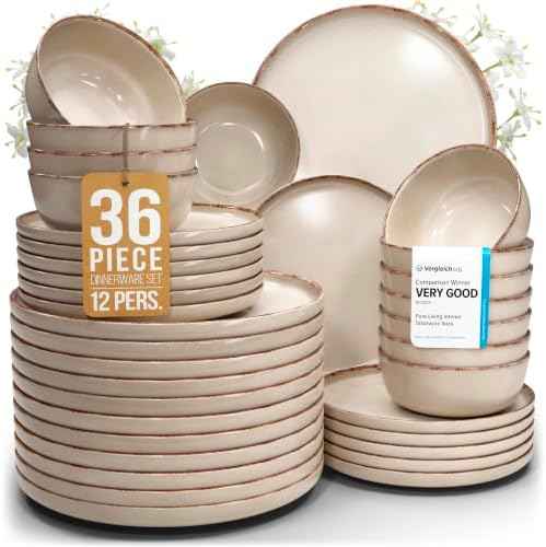 36 Piece Stoneware Dinnerware Set for 12, Handmade Plates and Bowls Set