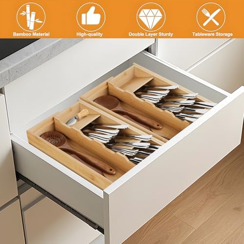 Expandable Bamboo Kitchen Drawer Organizer, Adjustable Silverware