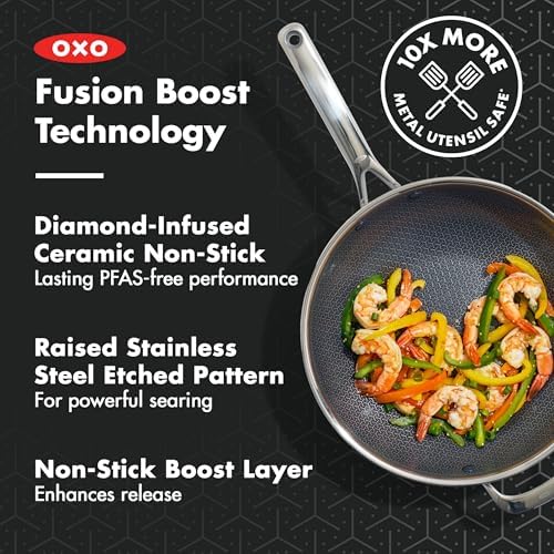 OXO Hybrid 12” Nonstick Wok with Glass Lid, PFAS-Free Ceramic Stir-Fry Pan, Induction & All Cooktop Compatible, Dishwasher Safe, Fusion Boost Tech for Powerful Searing, Mirror Polished Tri-Ply